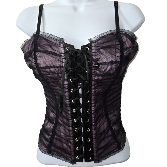 Vintage Y2K Coquette Corset Top M Silk Mesh Nylon Black Moda International Goth - Picture 1 of 11